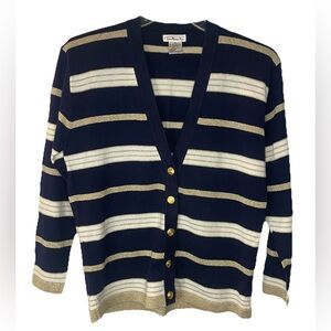 Vintage Talbots Navy & Gold striped V-neck Cardigan Gold Metallic Buttons Size M